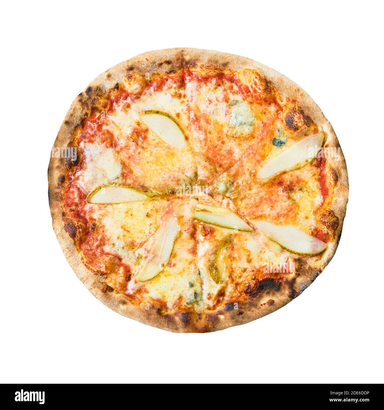 Köstliche italienische Pizza mit Käse und Birne isoliert auf weißem Hintergrund. Draufsicht Stockfoto