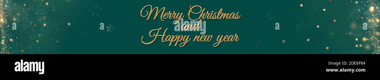 Ein smaragdfarbenes Banner mit den Worten Frohe Weihnachten und Neujahr in Goldbuchstaben. Illustration. Stockfoto