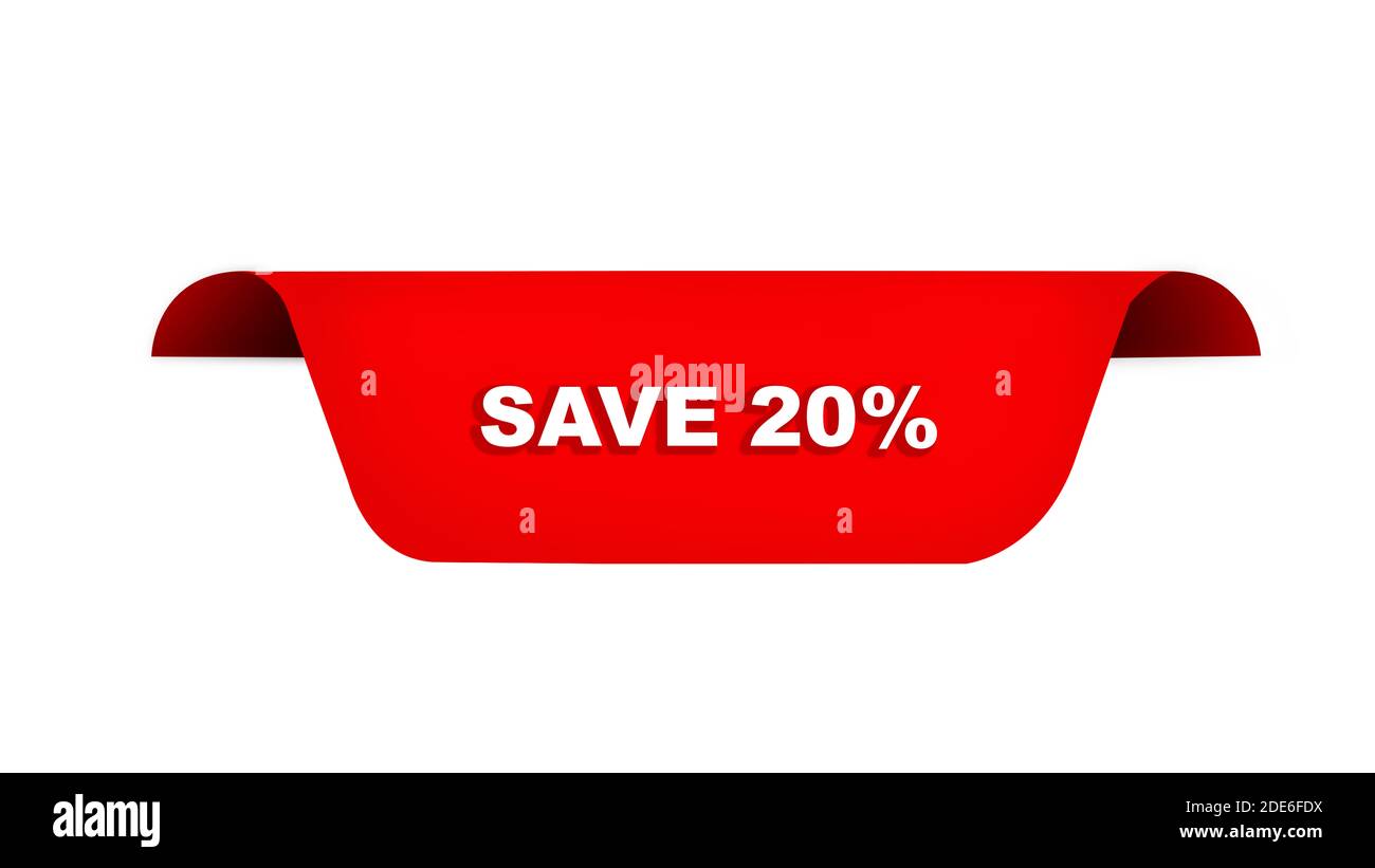 Webbanner mit rotem Band für 20 % 3D-Text Stockfoto