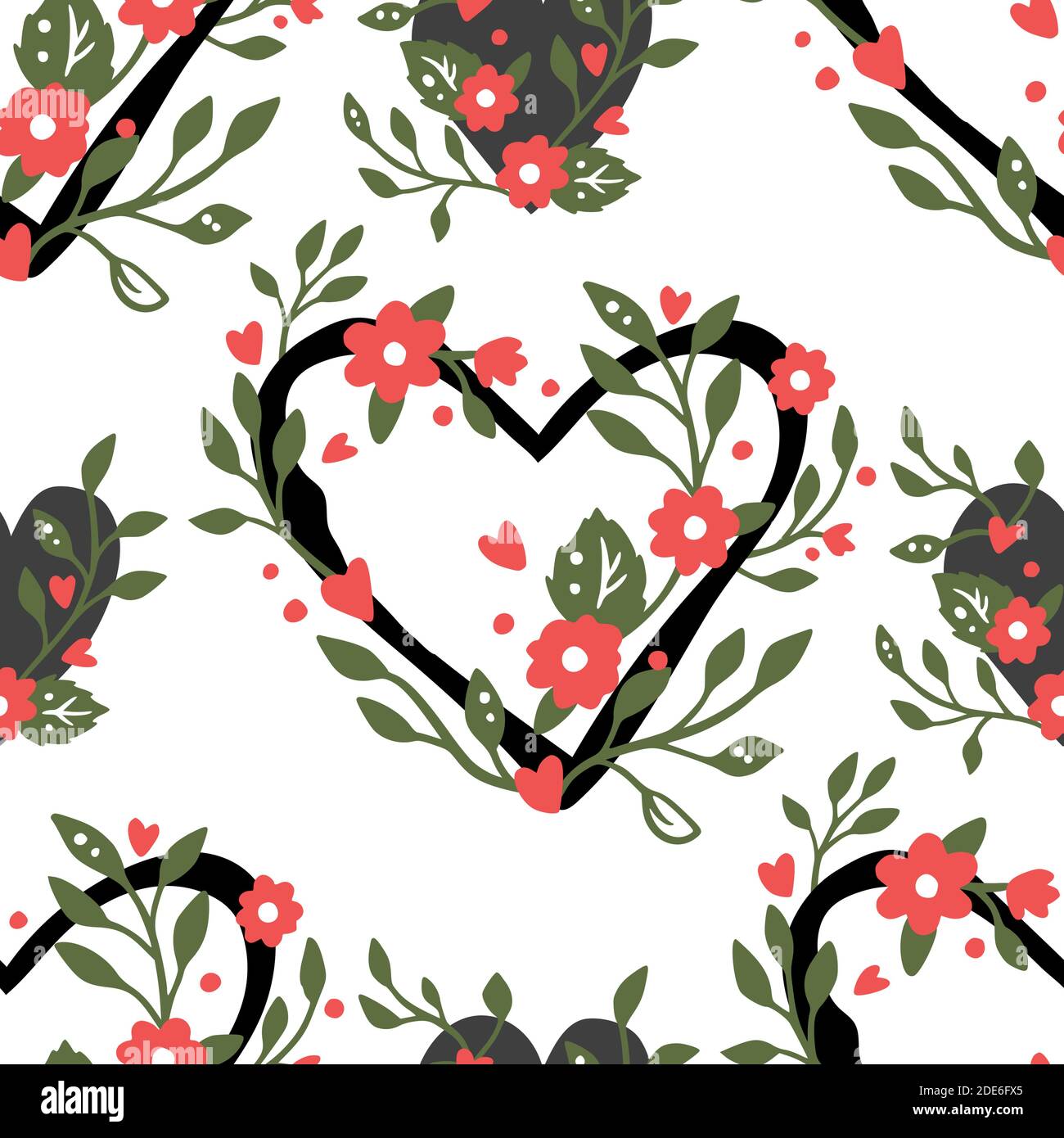 Am Valentinstag mit nahtlosem Muster im floralen Dessin. Einfache schwarz-weißen Herz und Blumen Hintergrund. Herz Form Vektor Tapete. Stock Vektor