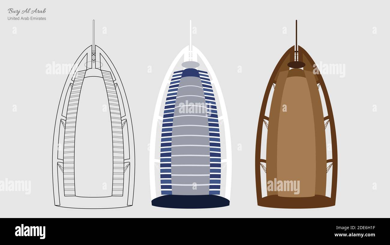 Vektor-Illustration von Burj Al Arab Gebäude in 3 Stilen; Linienkunst, realistisch und Nachtansicht. Abstrakt Stock Vektor