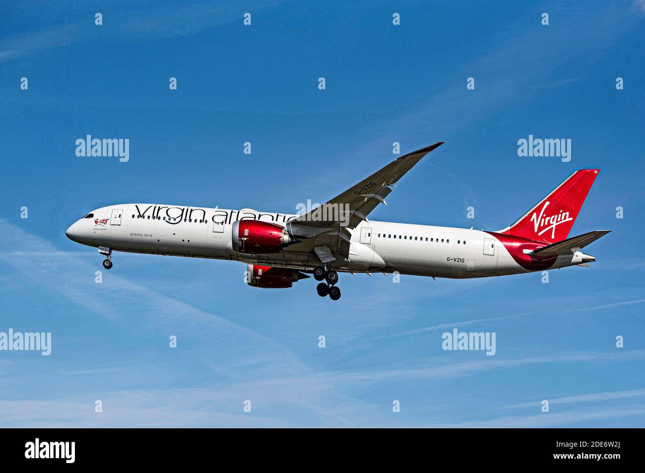 Virgin Atlantic 787 -900 Dreamliner nähert sich dem Flughafen London Heathrow. Stockfoto