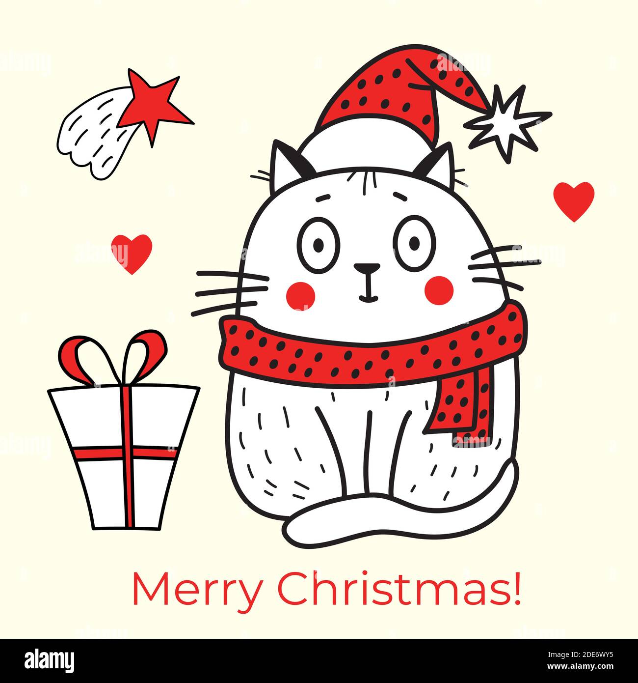 Frohe Weihnachten. Grukarte mit einer Katze in einem roten Hut und einem  Schal mit einem Geschenk und einem Weihnachtsstern. Vektor. Linie, Kontur.  Niedliche Skizze Karte Stock-Vektorgrafik - Alamy