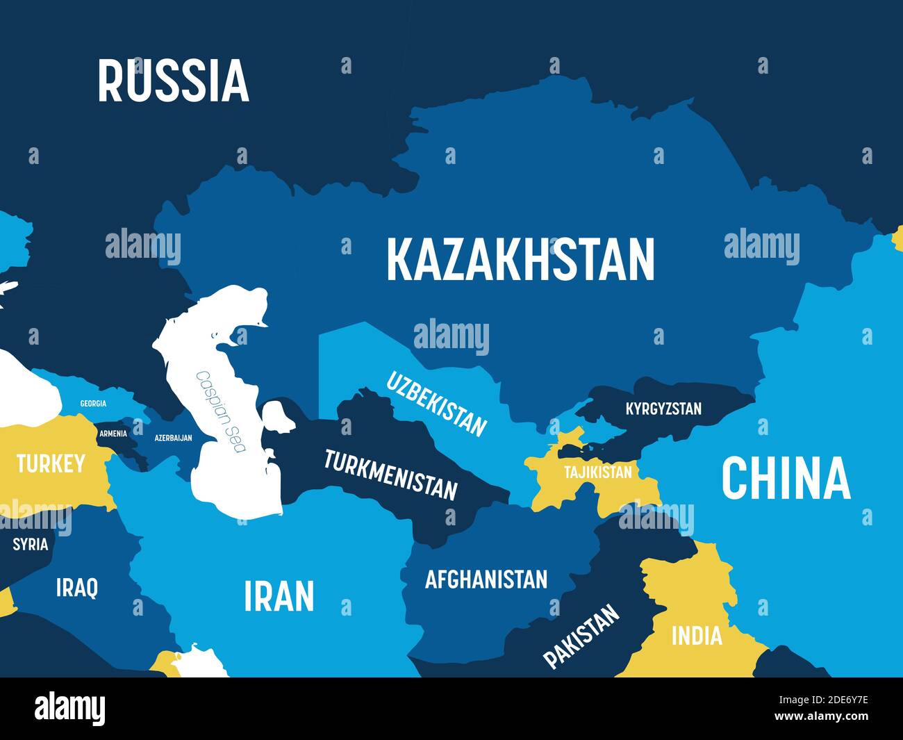 Zentralasien-Karte - braun orange Farbton auf dunklem Hintergrund. Hoch detaillierte politische Karte der zentralasiatischen Region mit Land-, Meer- und Meeresnamen Kennzeichnung. Stock Vektor