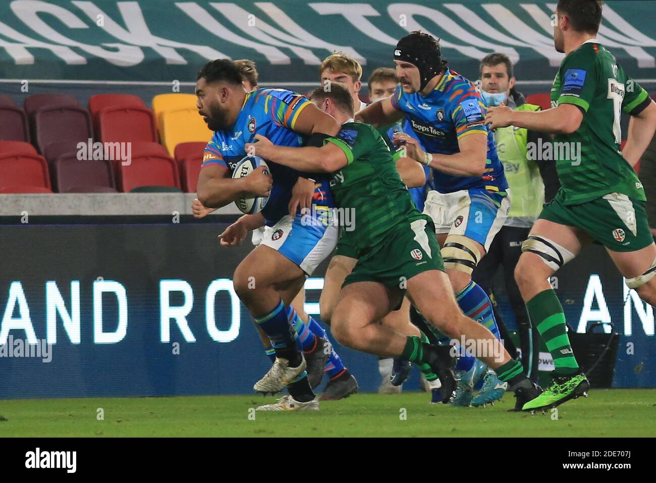 London, England. 29. November 2020. Nephi Leatigaga von Leicester Tigers während des Gallagher Premiership Matches zwischen London Irish und Leicester Tigers im Brentford Community Stadium. Kredit: Richard Perriman/Alamy Live Nachrichten Stockfoto