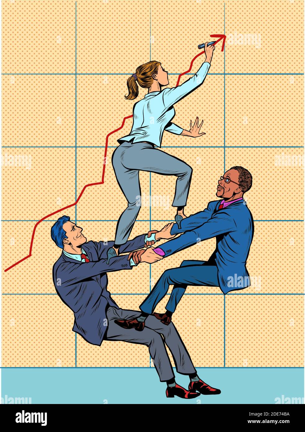 Teamarbeit. Ein männlicher und weiblicher Geschäftsmann erhöhen den Wachstumsplan des Unternehmens. Weiße und schwarze Mitarbeiter Stock Vektor