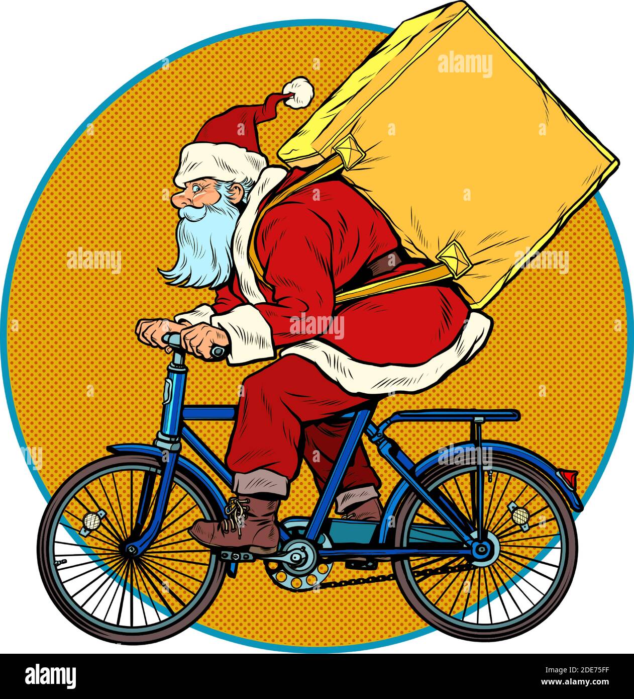 Weihnachtslieferung von Geschenken und Einkäufen. Weihnachtsmann Kurier auf einem Fahrrad Stock Vektor