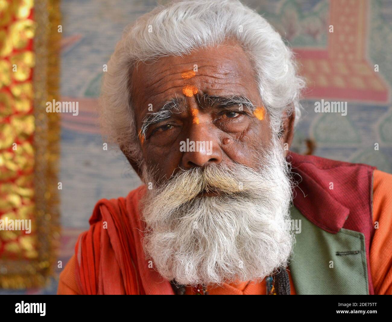 Würdevoller alter indischer Hindu-Anhänger und Pilger mit gut präparierten weißen Haaren und Vollbart-Posen für die Kamera während Shivratri Mela (Bhavnath Fair). Stockfoto