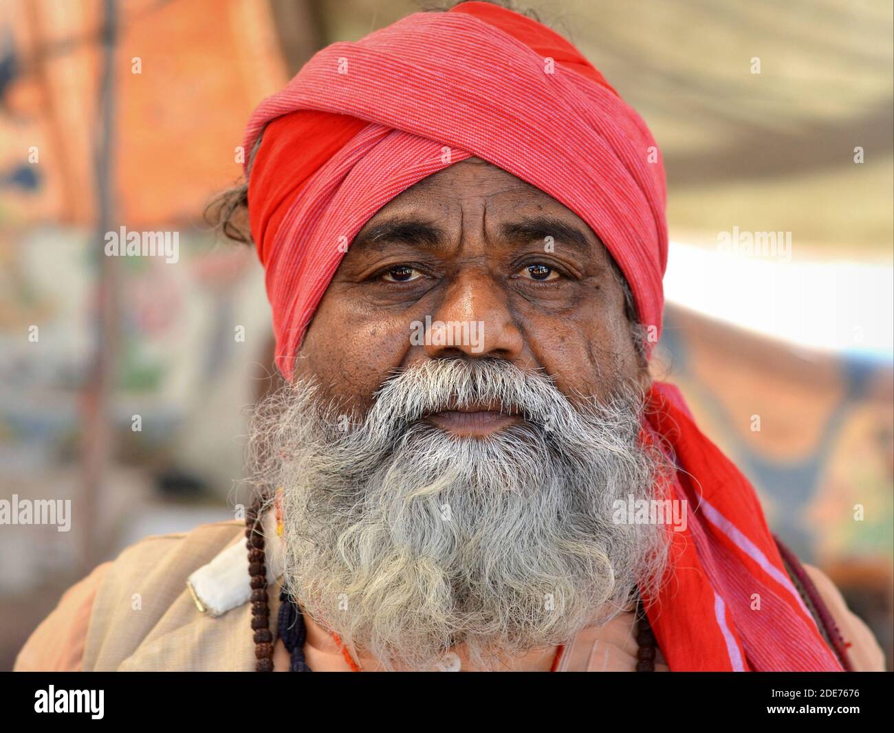 Würdevoller alter indischer Heiliger (Sadhu, baba, Guru) mit rotem Turban und weißem Vollbart, der während des religiösen Shivratri Mela Festivals für die Kamera posiert. Stockfoto