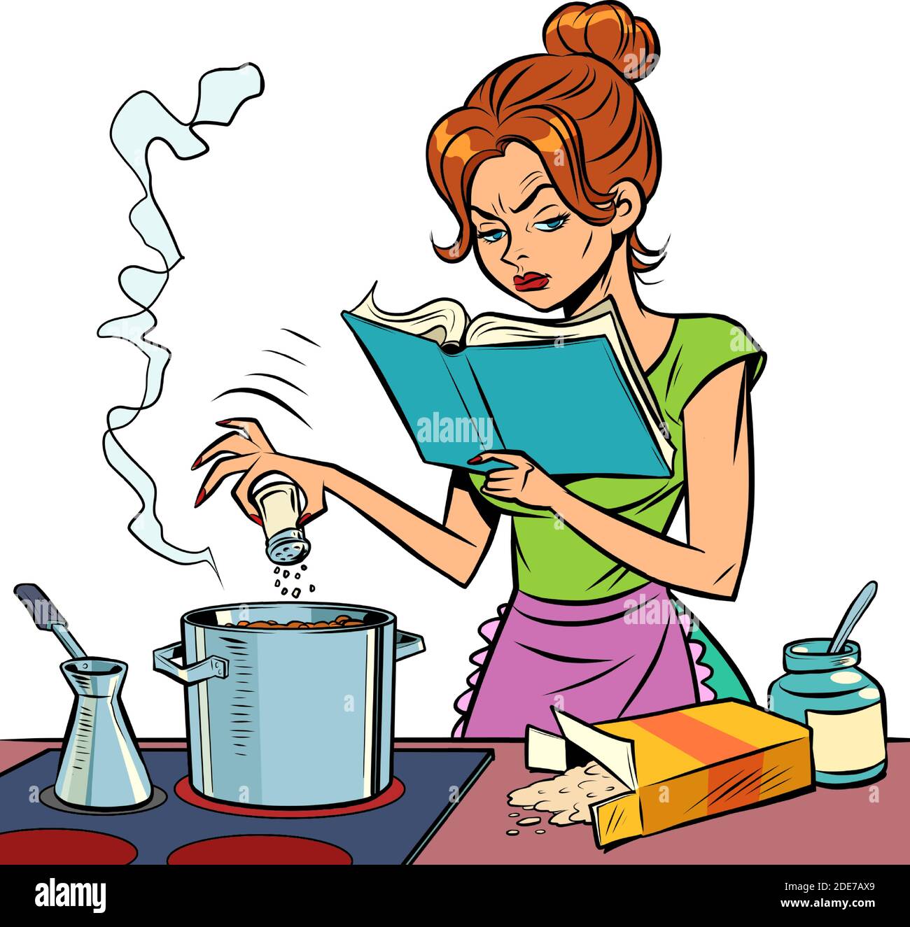 Eine Frau bereitet das Essen mit einem Kochbuch in ihren Händen zu Stock Vektor