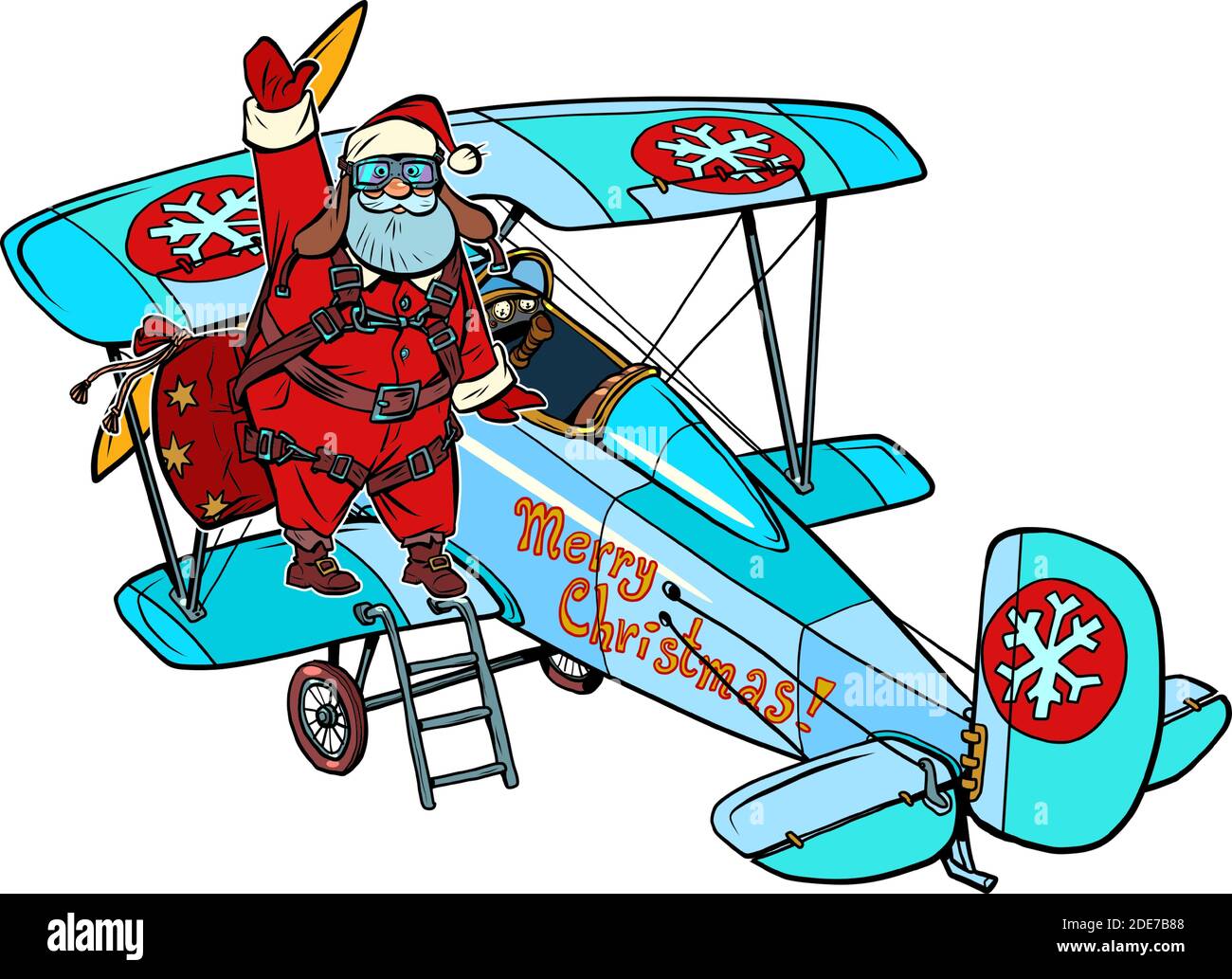 Der Weihnachtsmann steigt in ein Retro-Flugzeug. Weihnachtsgeschichte. Weißer isolierter Hintergrund Stock Vektor