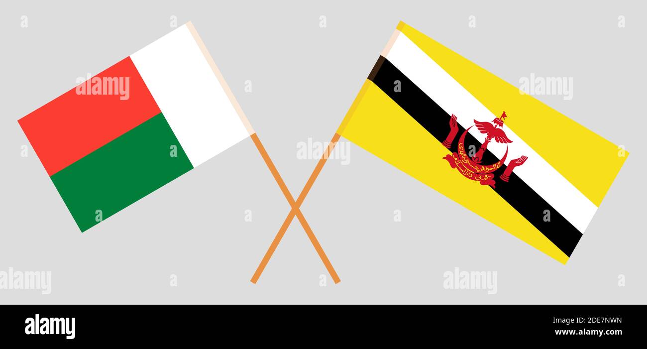 Gekreuzte Flaggen von Brunei und Madagaskar. Offizielle Farben. Korrektes Verhältnis. Vektorgrafik Stock Vektor