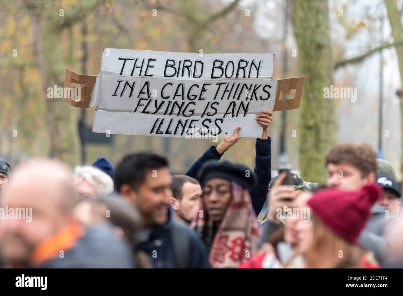 Plakat, auf dem der Vogel, der in einem Käfig geboren ist, angibt, dass Fliegen eine Krankheit bei einem COVID 19 Anti-Lockdown-protestmarsch in London ist. Alejandro Jodorowsky Zitat Stockfoto
