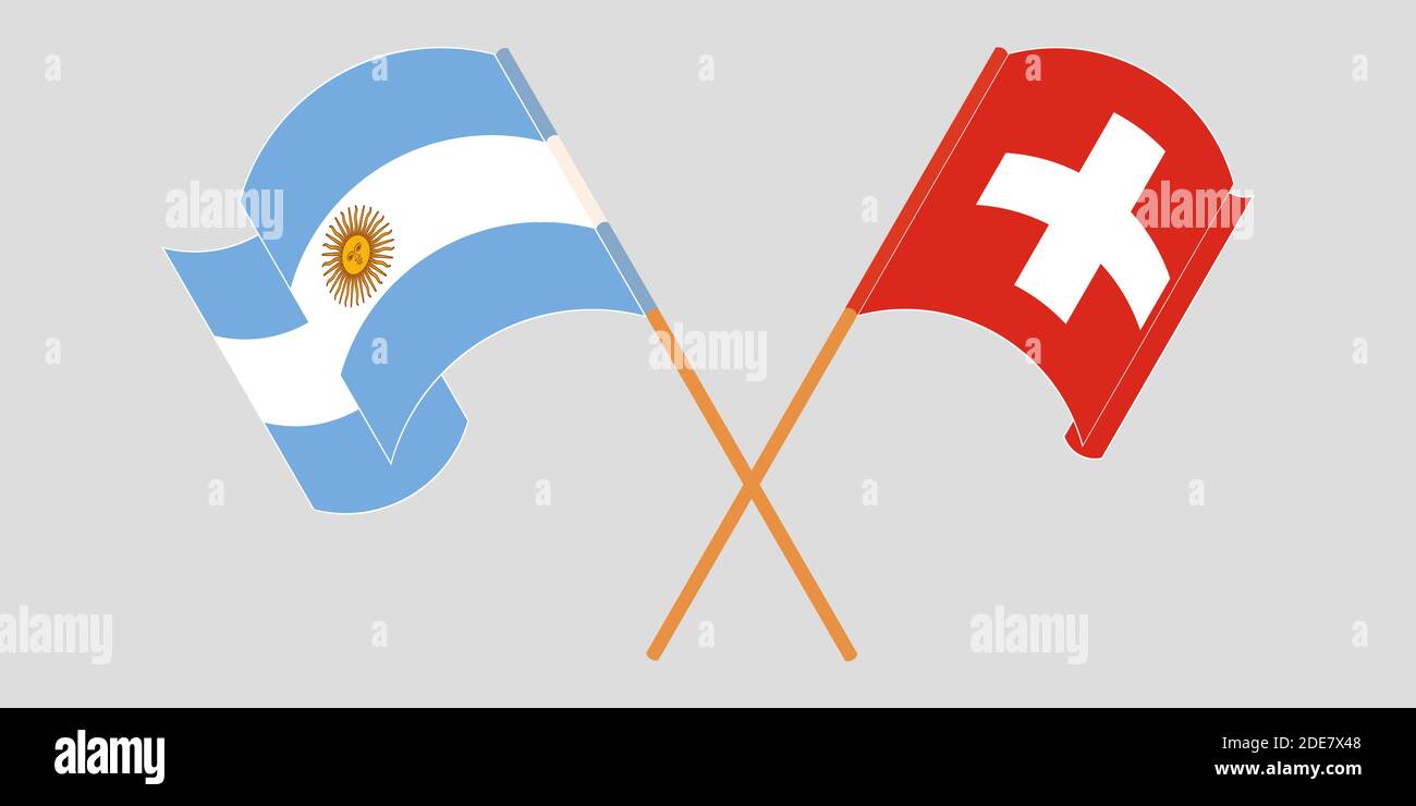 Gekreuzte und winkende Fahnen der Schweiz und Argentiniens. Vektorgrafik Stock Vektor