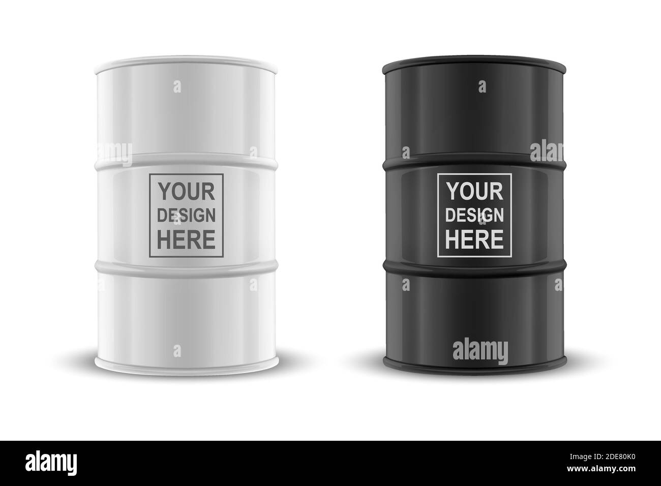 Vektor 3d realistische Illustration. Weiß und Schwarz einfach Glossy Metal Oil, Fuel, Gasoline Barrel Icon Set isoliert auf weißem Hintergrund. Design Stock Vektor