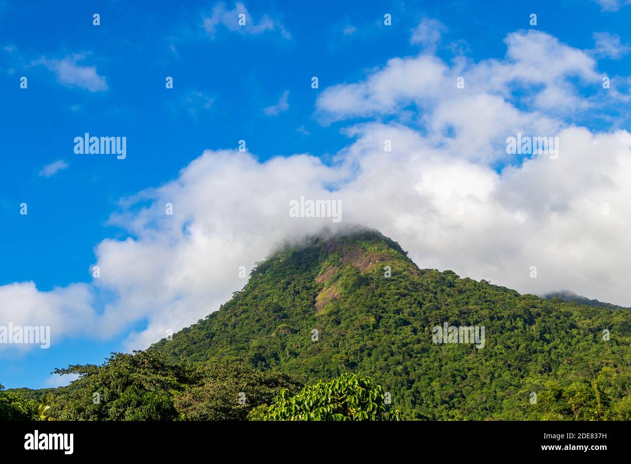 Abraão Berg Pico do Papagaio mit Wolken. Ilha Grande, Angra dos Reis, Rio de Janeiro, Brasilien. Stockfoto