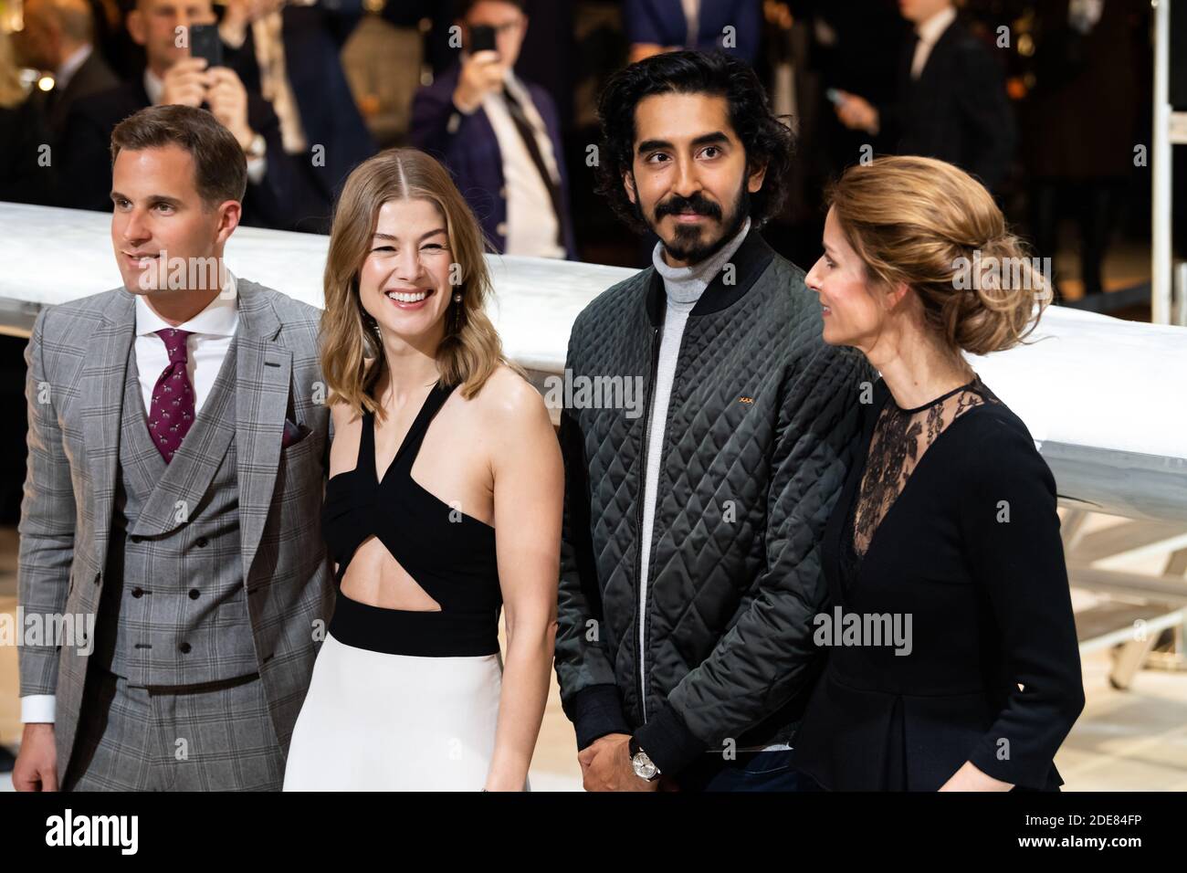 IWC Schaffhausen CEO Christoph Grainger Herr Rosamund Pike Dev Patel und IWC Schaffhausen CMO Franziska Gsell besuchen den IWC Stand wahrend der Vorstellung der neuen Pilot s Watches des Hauses am 15....