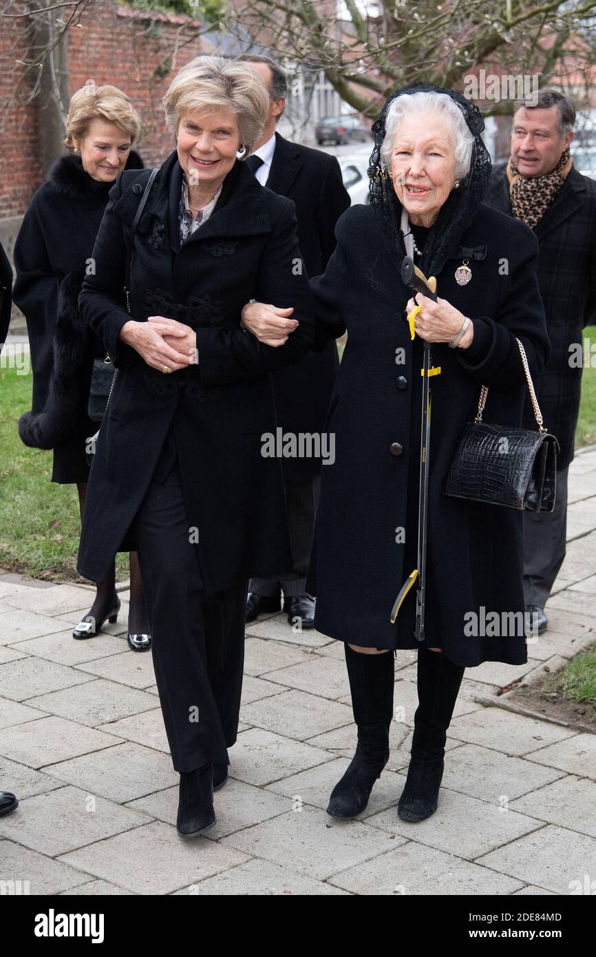 Prinzessin Marie-Astrid von Luxemburg und Erzherzogin Yolande von Österreich nehmen am 16. Januar 2019 an der Beerdigung von Graf Philippe von Lannoy in der Kirche Saint-Amand in Frasnes-lez-Anvaing, Belgien, Teil. Graf Philippe von Lannoy ist am 10. Januar 2019 mit 96 Jahren gestorben, Vater der Krongroßherzogin Stephanie von Luxemburg.Foto: David Niviere/ABACAPRESS.COM Stockfoto