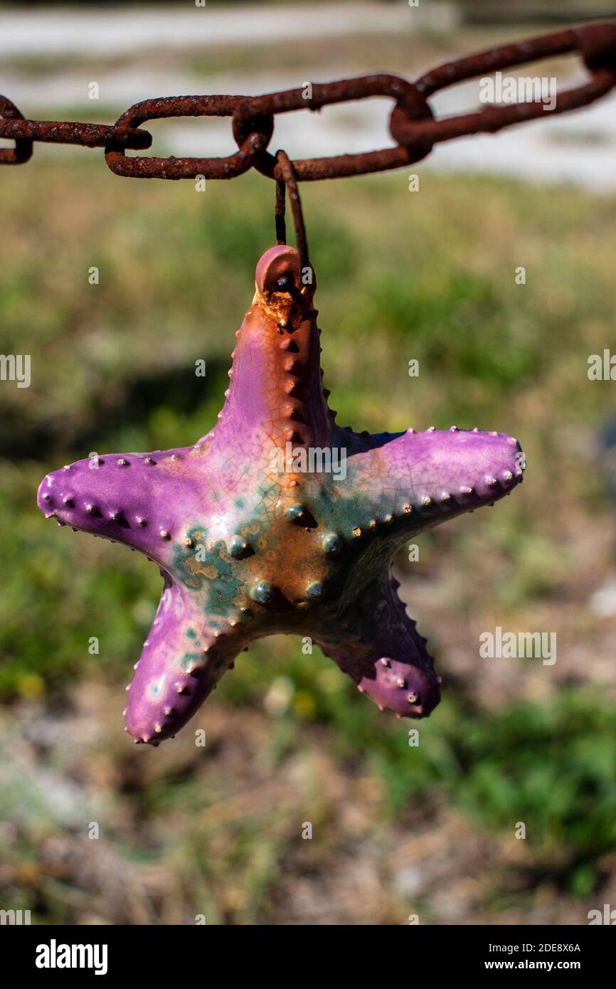 Alte rosafarbene Seesterne hängen Stockfoto