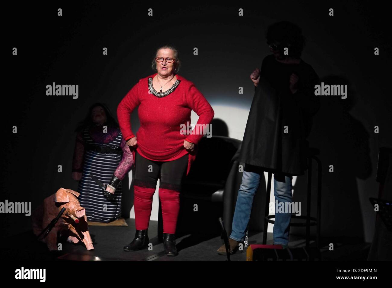 Corinne Masiero ( en noir) et Adolpha van Meerhaeghe ( en Rouge) dans la piece 'La Vie Bien Renger d'Adolpha' au Theatre Charcot de Marcq-en-Baroeul, pres de Lille, le 09 Fevrier 2019. Foto von Sylvain Lefevre/ABACAPRESS.COM Stockfoto