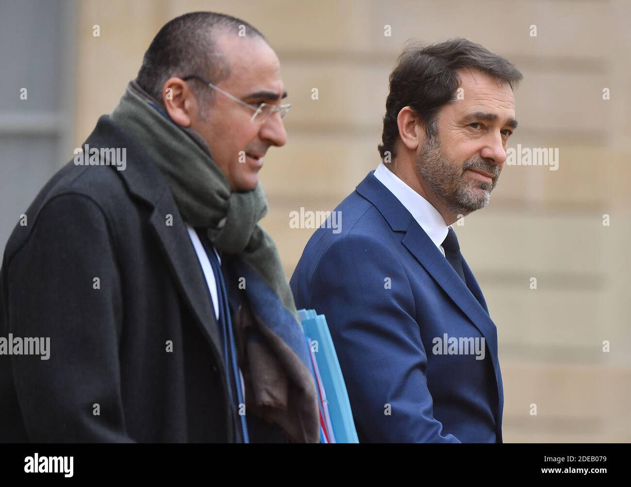 Christophe Castaner und Laurent Nunez verlassen nach der wöchentlichen Kabinettssitzung im Elysée-Palast in Paris am 6. März 2019. Foto von Christian Liewig/ABACAPRESS.COM Stockfoto