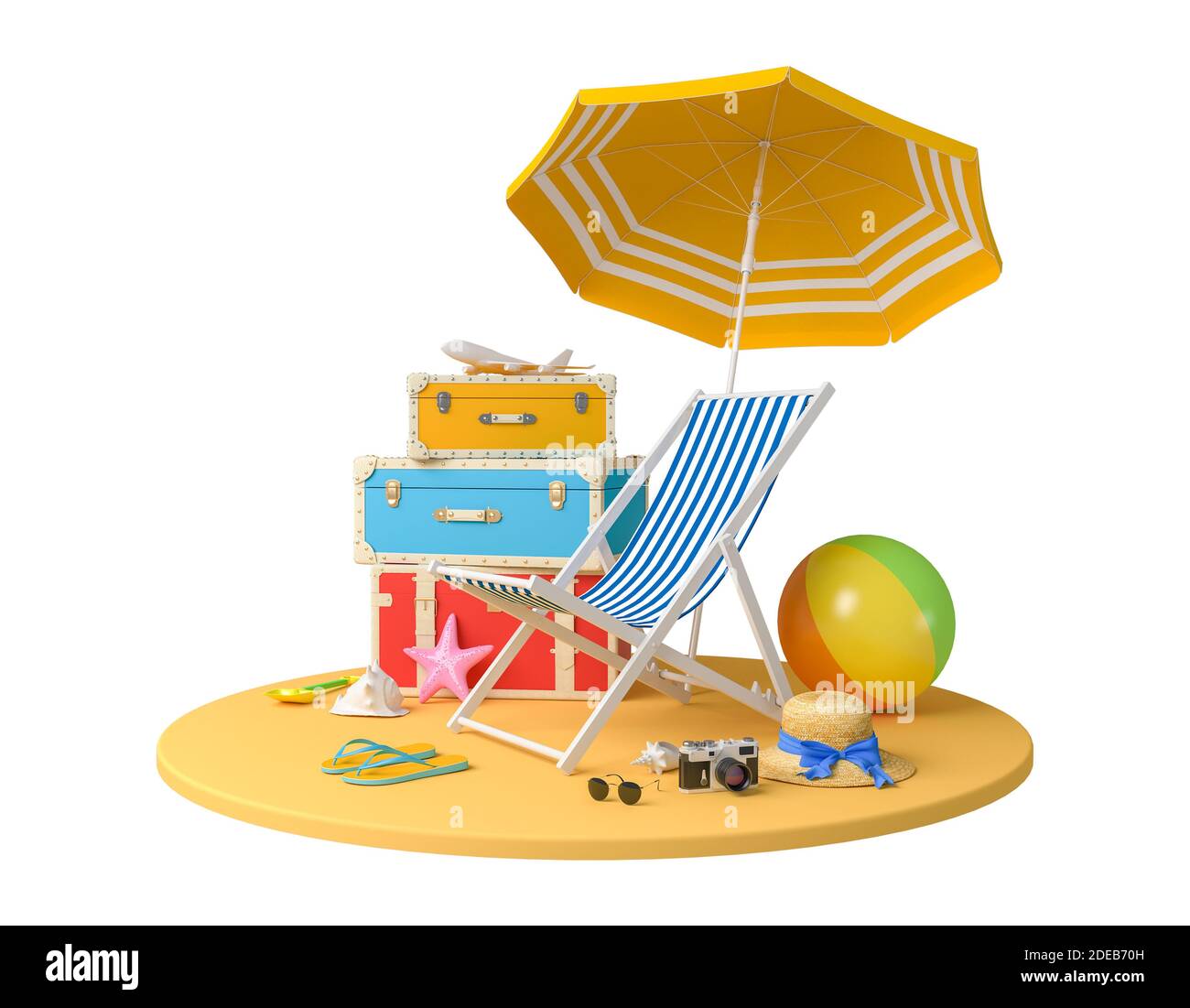 Reiseaccessoires, Strandreisen Sommer Urlaub Urlaub Accessoires auf weißem Hintergrund mit CLIPPING PFAD, 3d-Rendering Stockfoto