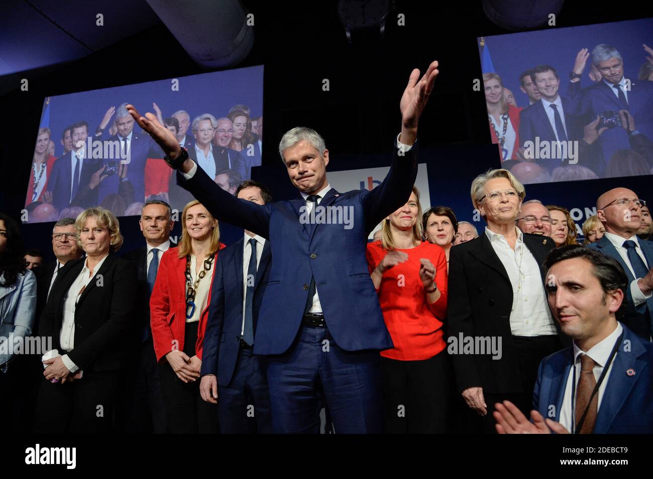 Francois Xavier Bellamy, Laurent Wauquiez, Michele Alliot Marie, Agnès Evren Teilnahme am Nationalrat der französischen Rechtspartei Les Republicains in Lyon, Frankreich am 16. März 2019. Foto von Julien Reynaud/APS-Medias Stockfoto