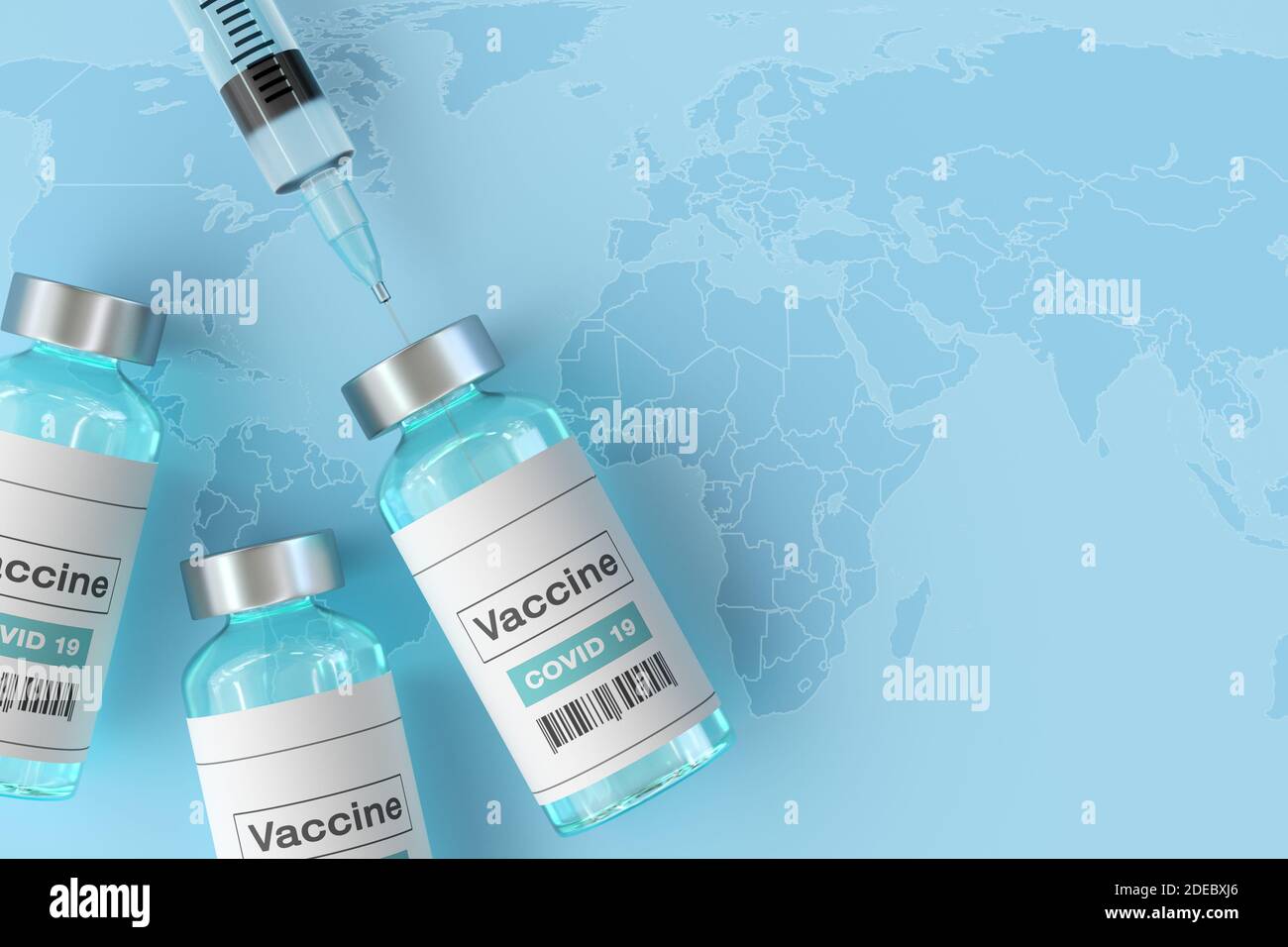 3d-Illustration des Coronavirus-Impfstoffs. Medizinisches Konzept Covid-19 Coronavirus-Impfung vor dem Hintergrund der Weltkarte. Stockfoto