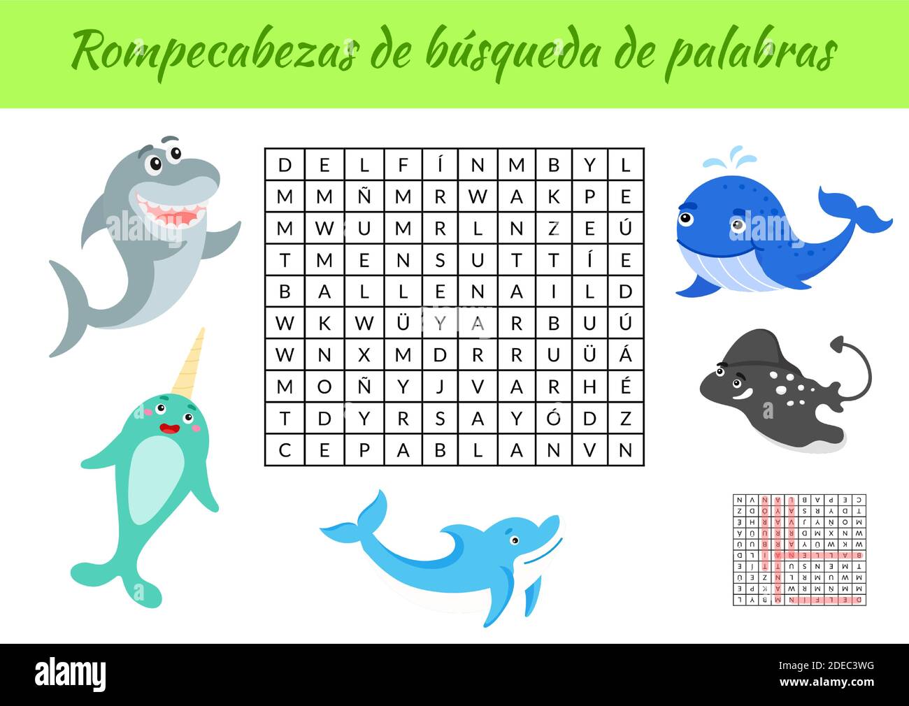 Rompecabezas de búsqueda de palabras - Wortsuche puzzle. Lernspiel für spanische Wörter lernen. Arbeitsblatt zur Aktivität „Kinder“ Stock Vektor