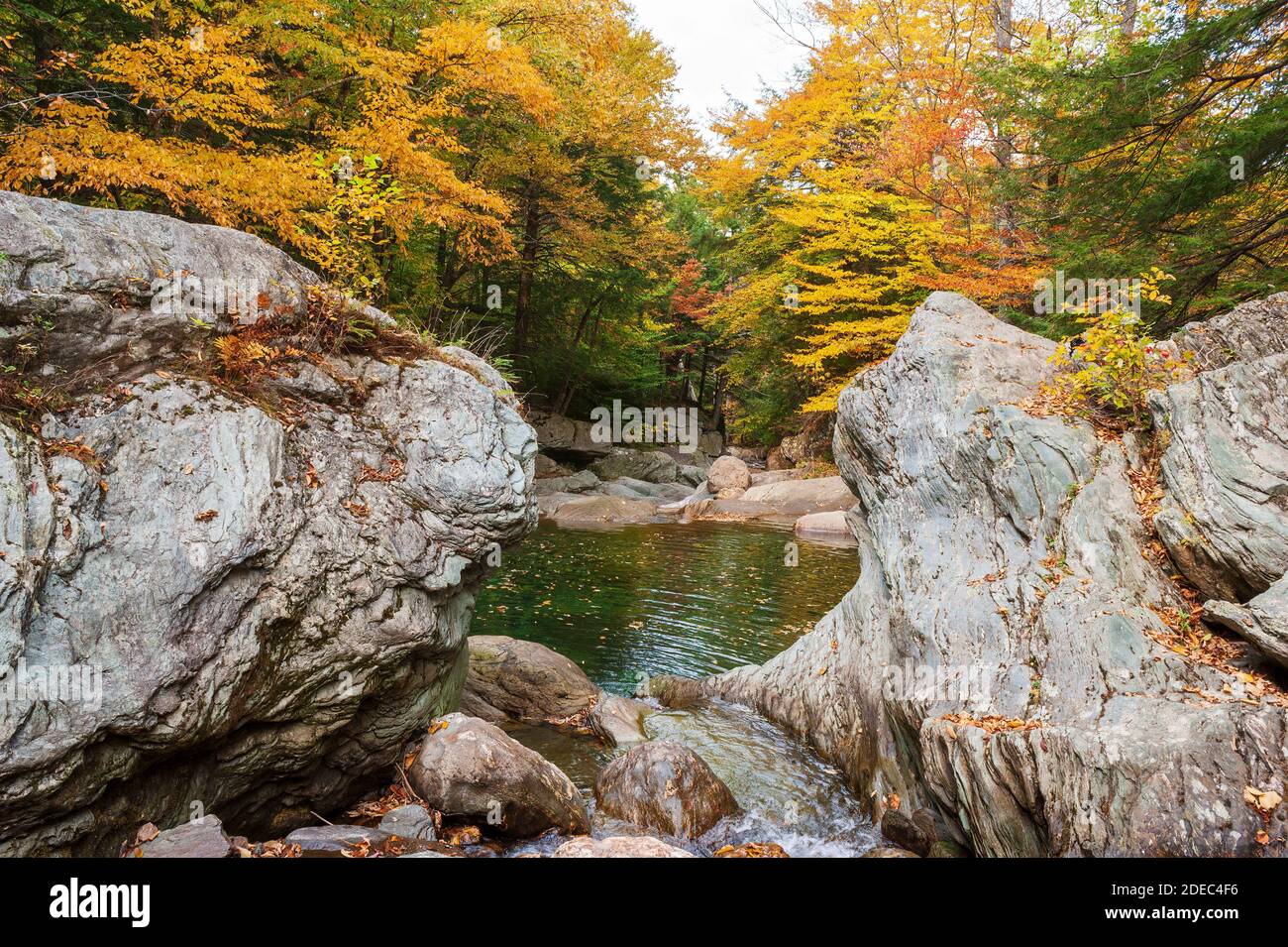 Bach, der zwischen großen Felsbrocken in einen kristallklaren smaragdgrünen Pool stürzt. Schwimmloch auf dem Mad River. Bäume ändern ihre Farbe im Herbst. Warren, VT, USA Stockfoto