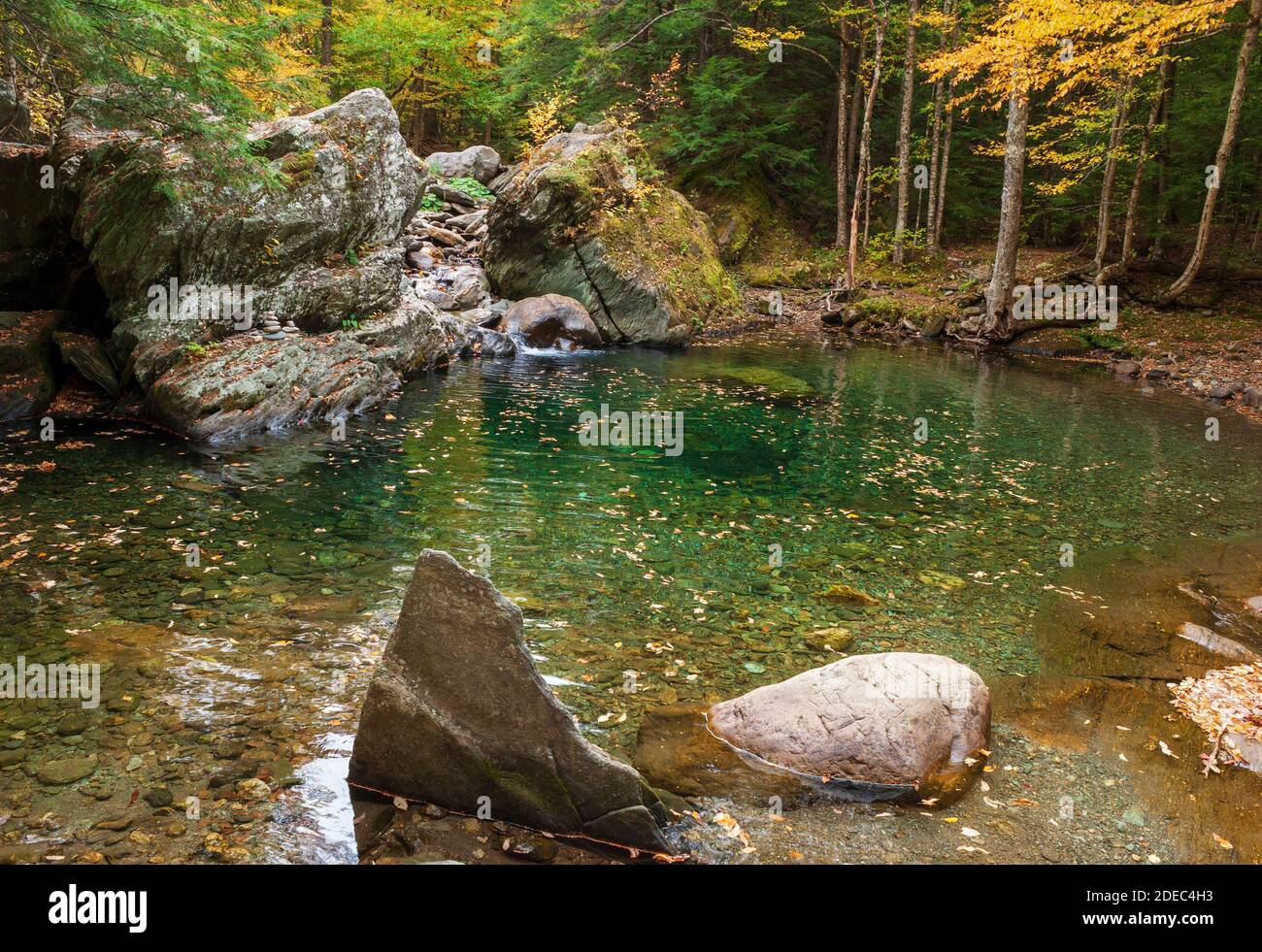 Bach, der zwischen großen Felsbrocken in einen kristallklaren smaragdgrünen Pool stürzt. Schwimmloch auf dem Mad River. Bäume ändern ihre Farbe im Herbst. Warren, VT, USA Stockfoto