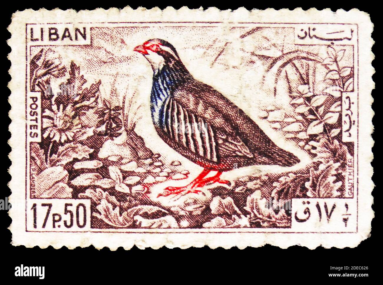 MOSKAU, RUSSLAND - 25. OKTOBER 2020: Briefmarke gedruckt im Libanon zeigt Rock Partridge (Alectoris graeca), Birds Serie, um 1965 Stockfoto