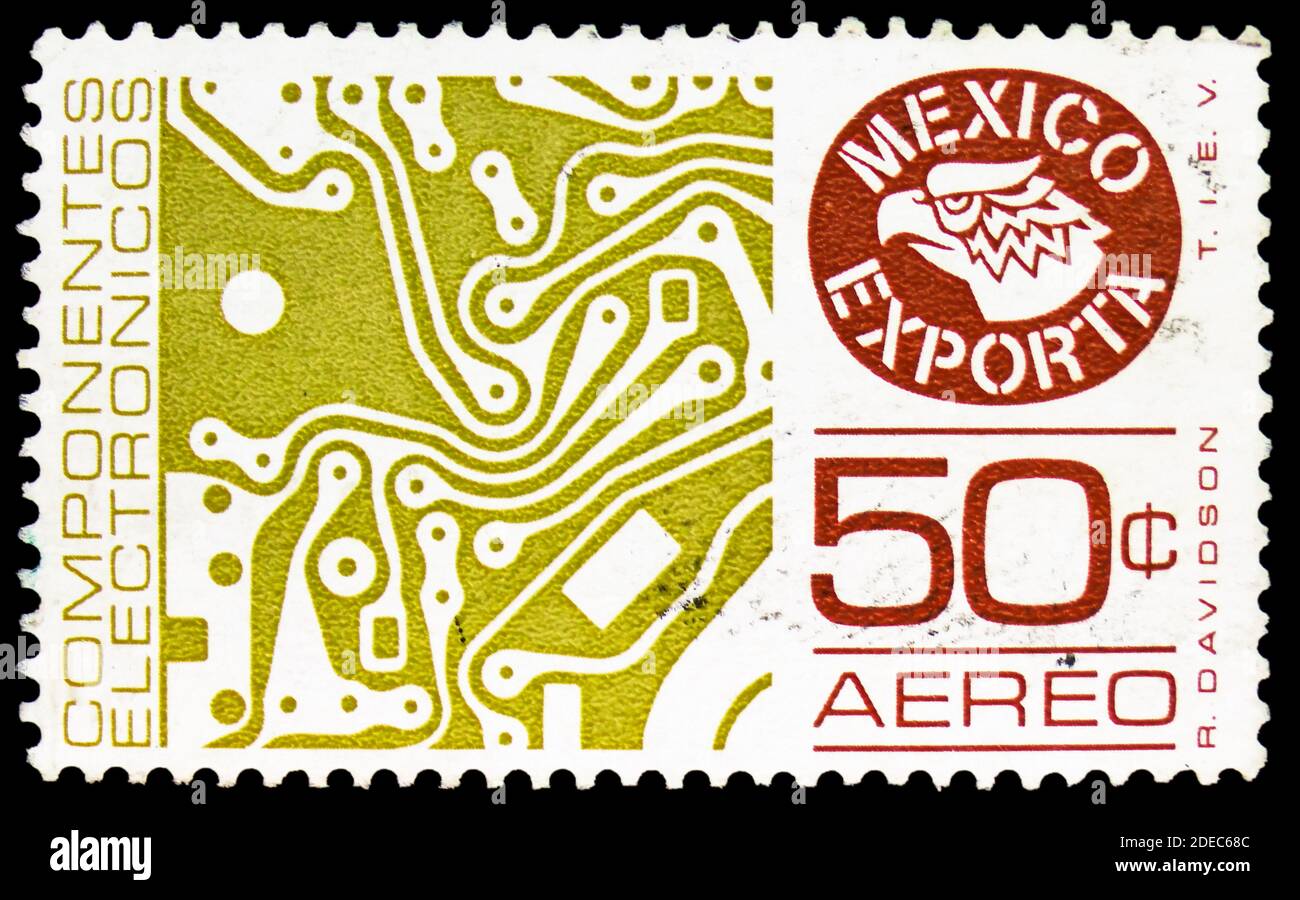 MOSKAU, RUSSLAND - 25. OKTOBER 2020: Briefmarke gedruckt in Mexiko zeigt Circuit Board, Mexico Exports Serie, um 1979 Stockfoto