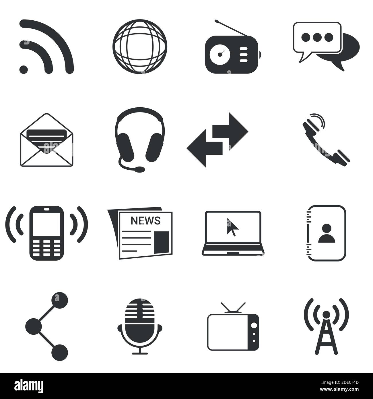 Satz schwarzer Vektorsymbole, isoliert vor weißem Hintergrund. Flache Illustration zu einem Thema Kommunikation Stock Vektor