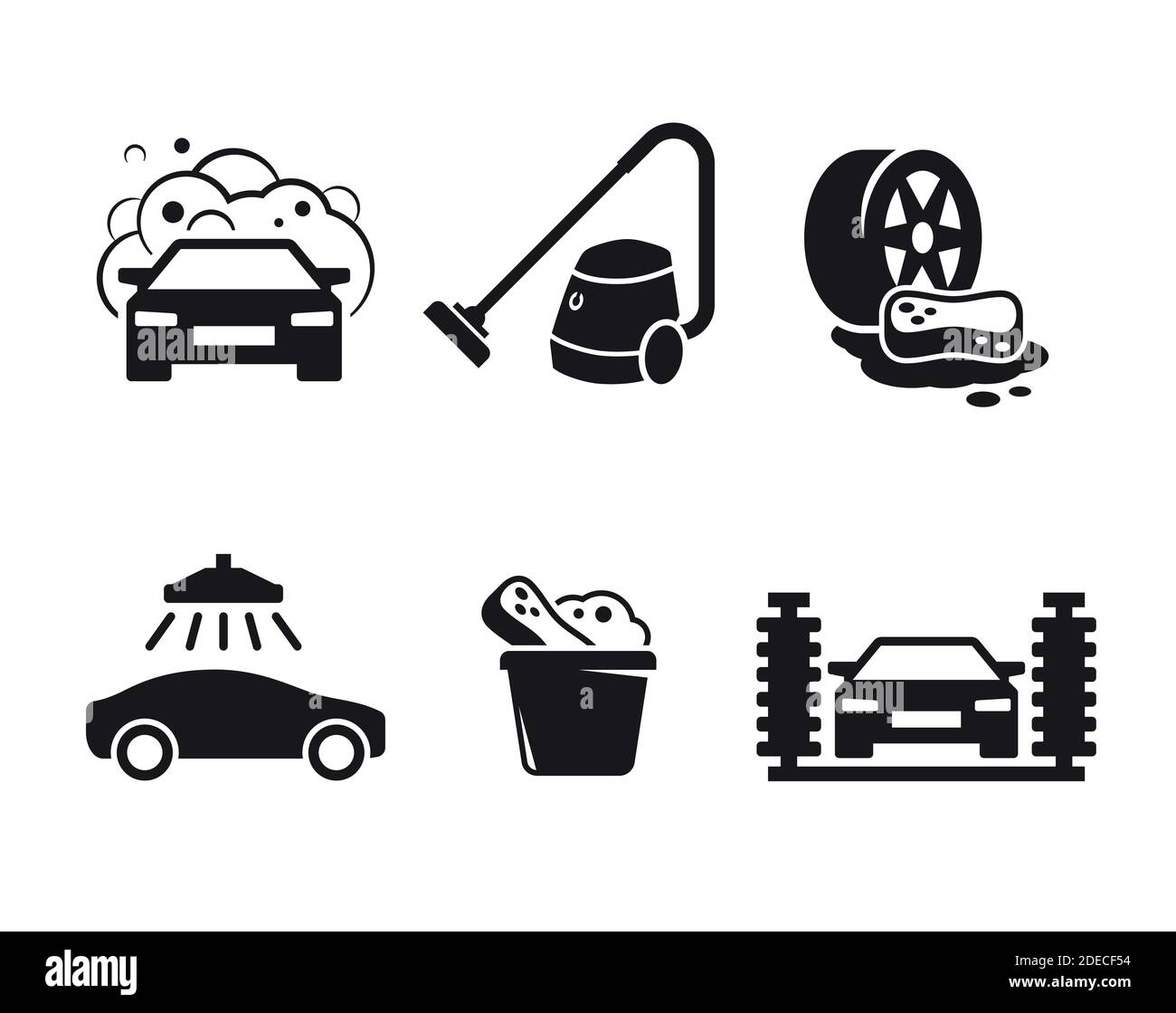 Satz schwarzer Vektorsymbole, isoliert vor weißem Hintergrund. Flache Abbildung auf einem Thema Autowäsche Stock Vektor