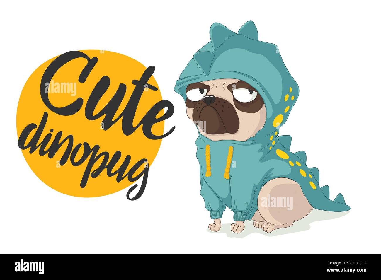Niedlicher Pug Hund trägt lustige Dinosaurier Kostüm. Vektor handgezeichnete Cartoons Illustration mit Slogan. Isoliert auf weißem Hintergrund. Am besten für Print, texti Stock Vektor