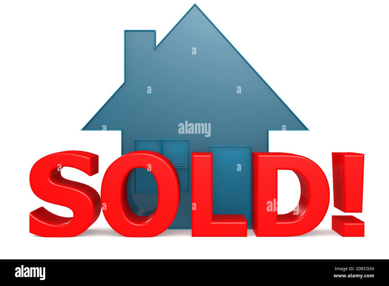 Blaues Haus-Symbol mit verkauftem Wort, 3d-Rendering Stockfoto