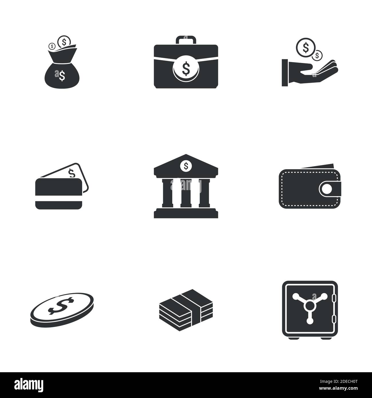 Einfaches Icon Set im Zusammenhang mit Geld. Ein Satz von sechzehn Symbolen. Stock Vektor