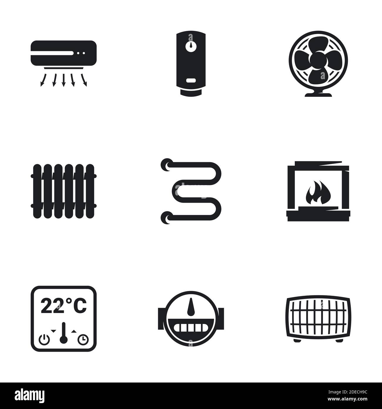 Symbole für Thema Haushaltsgeräte, Kühlung, Heizung. Weißer Hintergrund Stock Vektor
