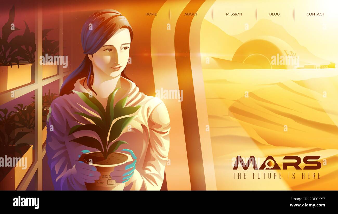 Vektor-Illustration mit einer weiblichen asiatischen Wissenschaftler lächelt und Arbeiten im Plantagenzentrum auf dem mars Stock Vektor Vektor-Illustration mit einer weiblichen asiatischen Wissenschaftler lächelt und Arbeiten im Plantagenzentrum auf dem mars Stock Vektor