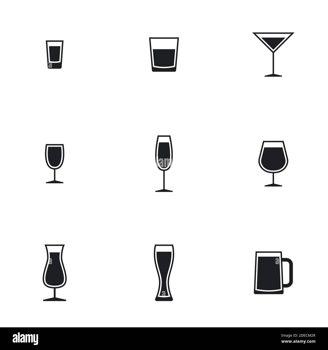 Symbole für Thema Alkohol trinken Getränk. Weißer Hintergrund Stock Vektor