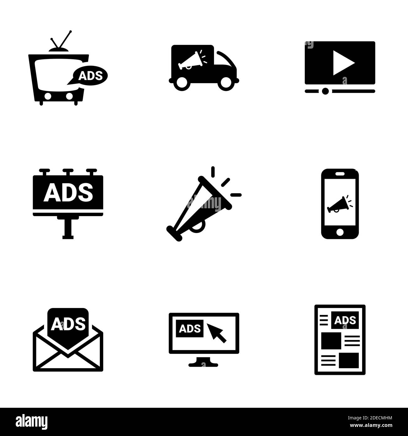 Icons für Thema Werbung, Medien, Kommunikation, Vektor, Symbol, Set. Weißer Hintergrund Stock Vektor