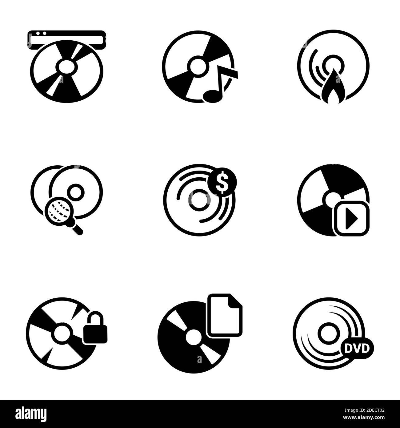 Satz von einfachen Symbolen auf einem Thema Disk, aufnehmen, dvd, cd, Vektor, Satz. Weißer Hintergrund Stock Vektor