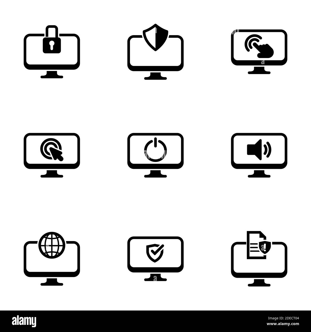 Satz von einfachen Symbolen auf einem Thema Computer, Monitor, Service, Interaktion , Vektor, Satz. Weißer Hintergrund Stock Vektor