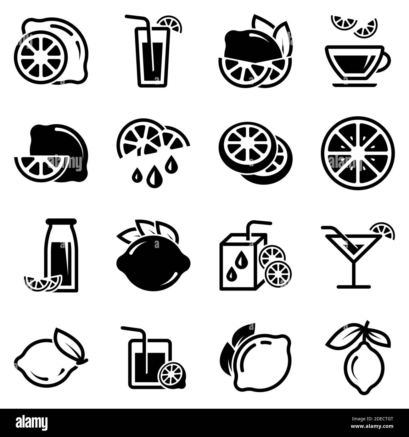 Set von einfachen Symbolen auf ein Thema Zitrus, Limette, Orange, Zitrone, Frucht, Getränk, Vektor, Set. Schwarze Symbole vor weißem Hintergrund isoliert Stock Vektor