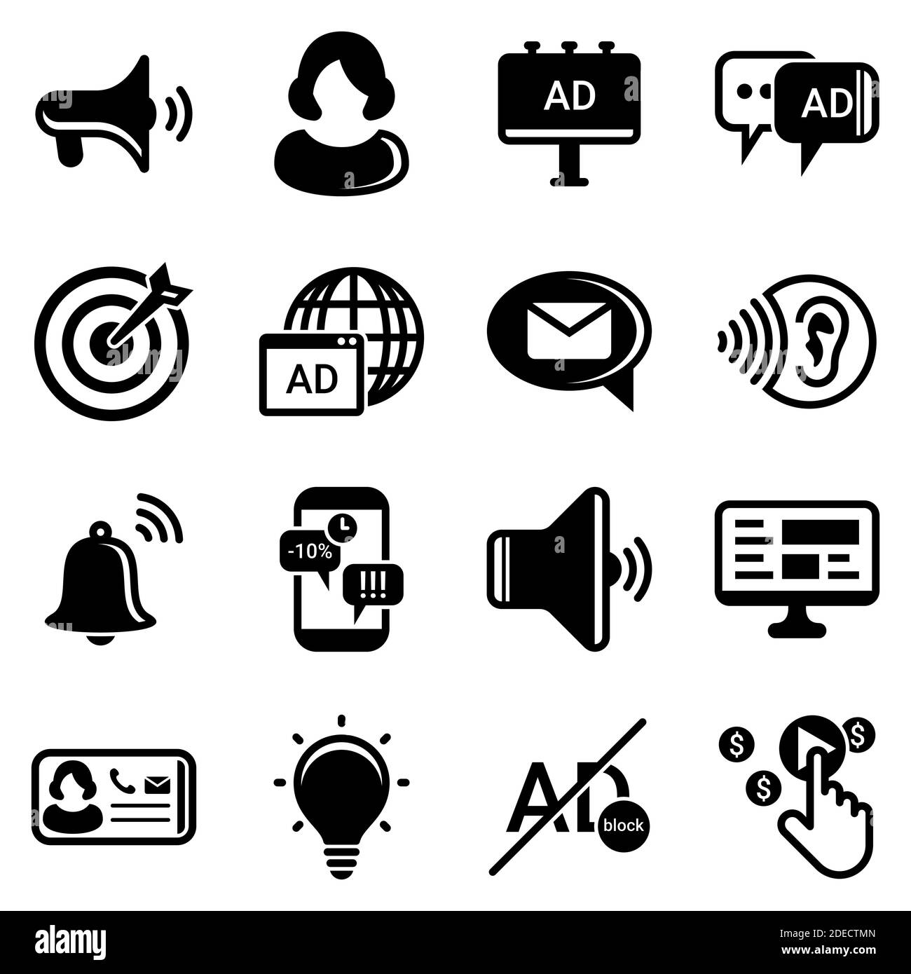 Satz von einfachen Symbolen auf einem Thema Werbung, Marketing, Geschäft, Nachrichten, Arbeit, Telemarketing, Förderung, Kommunikation, Internet, Vektor, Satz. Schwarz ic Stock Vektor
