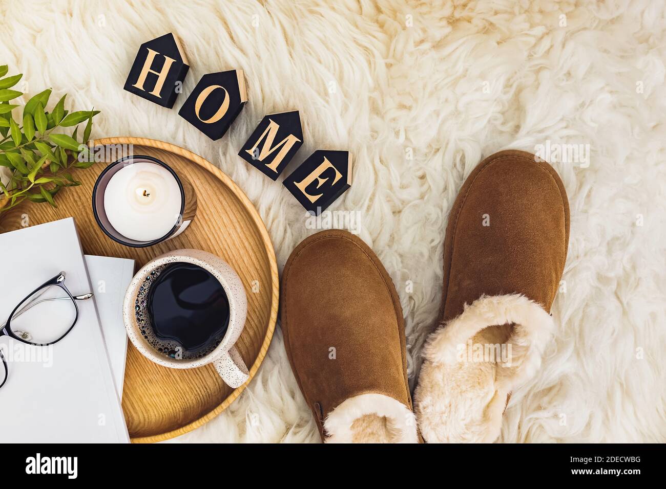 Startseite Stillleben, gemütliche Lifestyle-Komposition Draufsicht. Stockfoto