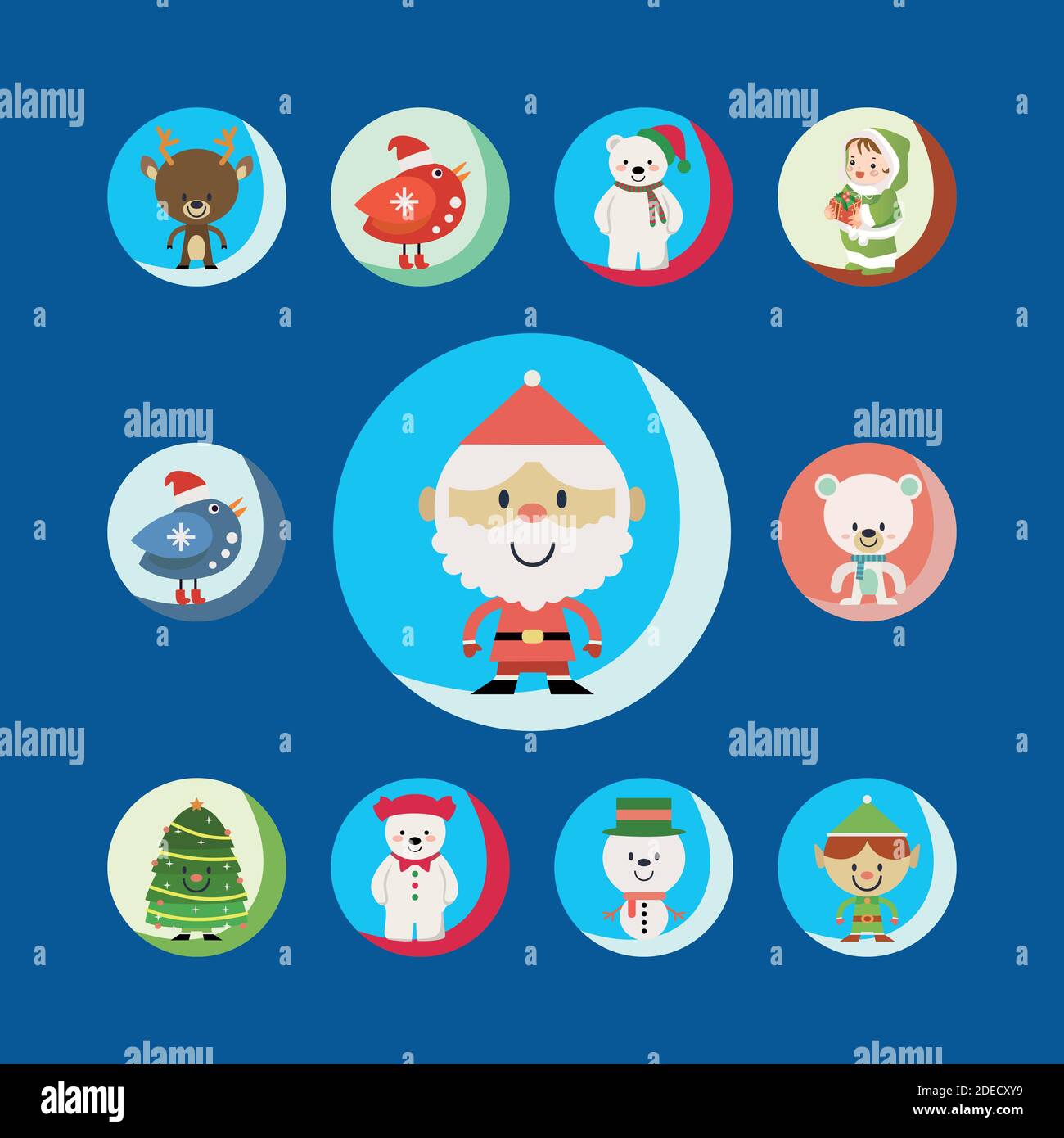 Weihnachten Cartoons Clip Art Set. Nette Zeichen der Urlaub Symbole. Isoliert auf blauem Hintergrund. Stock Vektor