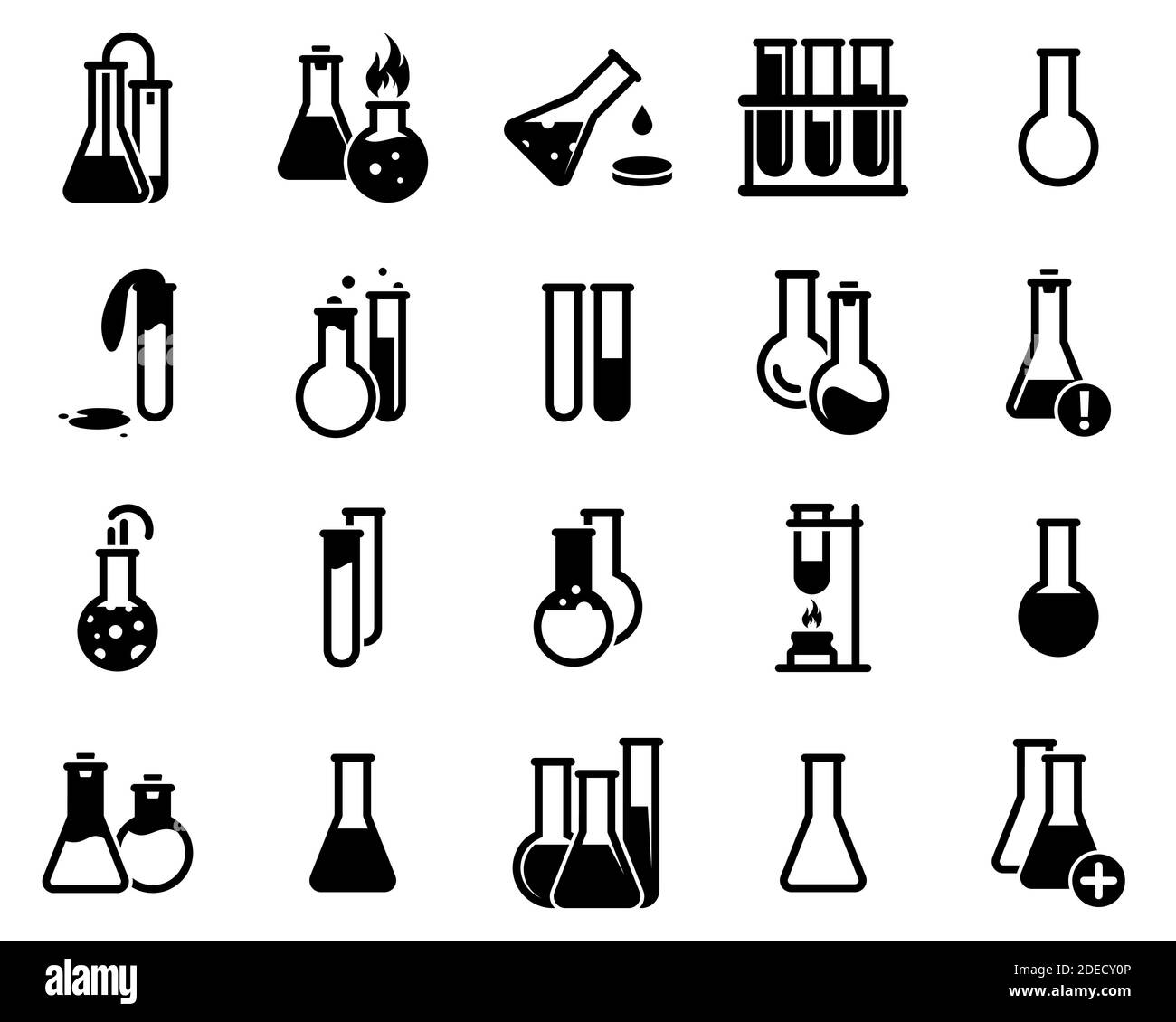 Satz von einfachen Symbolen auf einem Thema Flasche, Labor, Experiment, Vektor, Design, Sammlung, flach, Zeichen, Symbol, Element, Objekt, Illustration. Schwarzes Symbol Stock Vektor