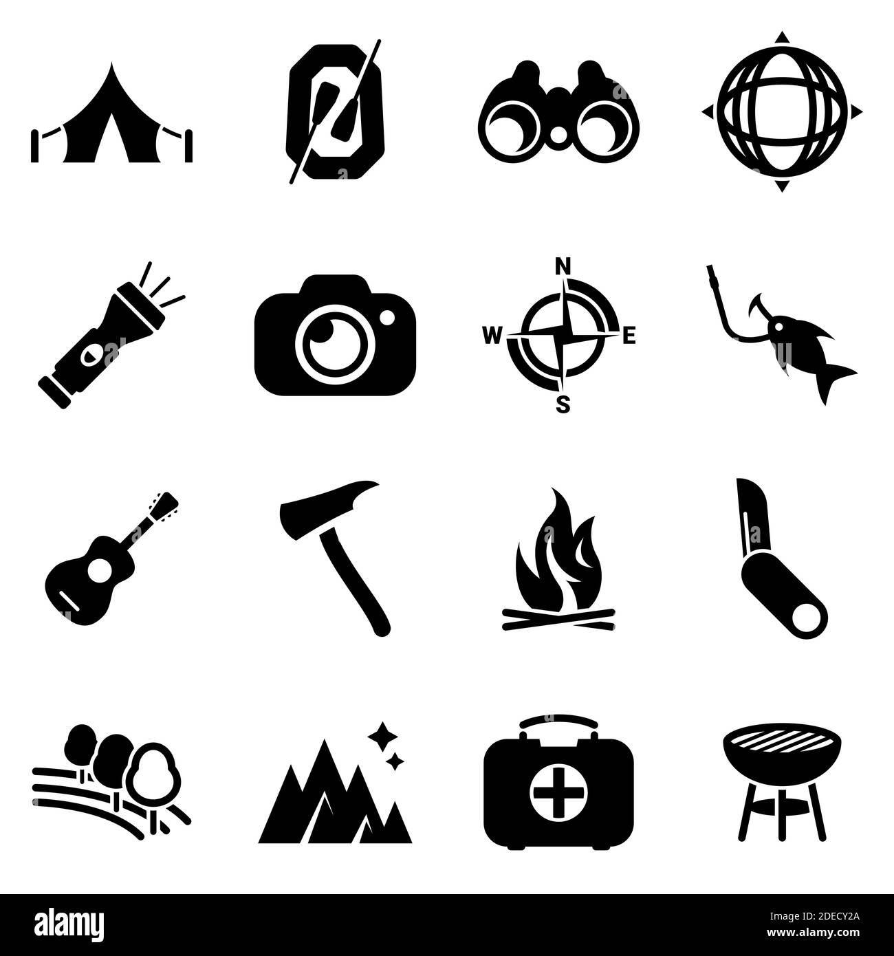 Set von einfachen Symbolen auf einem Thema Sommer Camping, Reisen, Vektor, Design, Sammlung, flach, Zeichen, Symbol, Element, Objekt, Illustration. Schwarze Symbole isola Stock Vektor